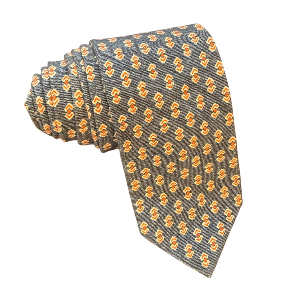 J.McLaughlin Tie Blue Orange Geometric Pattern 55% Cotton‎ 45% Linen Made Italy